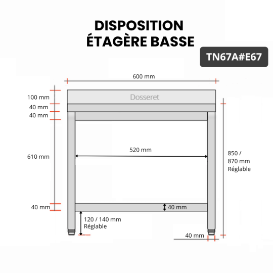 Table inox 600 x 700 mm adossée avec 2 étagères / GOLDINOX