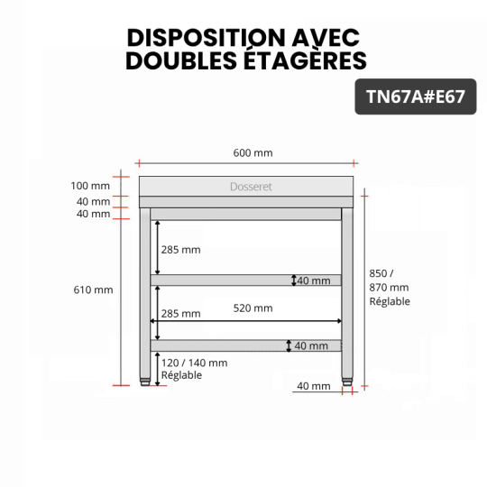 Table inox 600 x 700 mm adossée avec 2 étagères / GOLDINOX