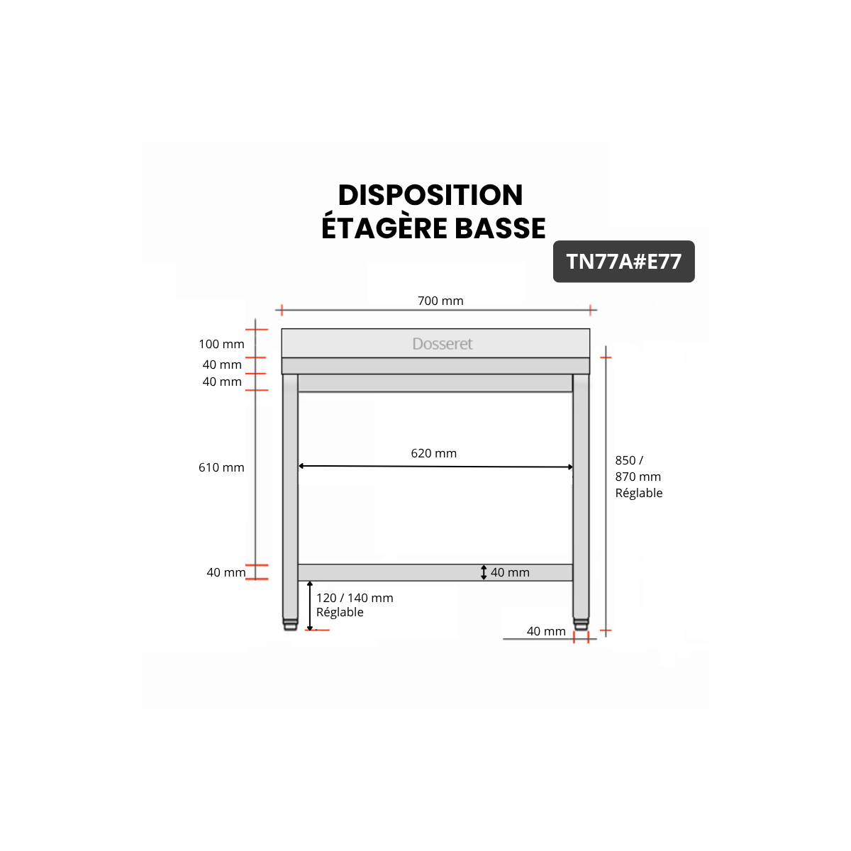 Table inox 700 x 700 mm adossée avec 2 étagères / GOLDINOX