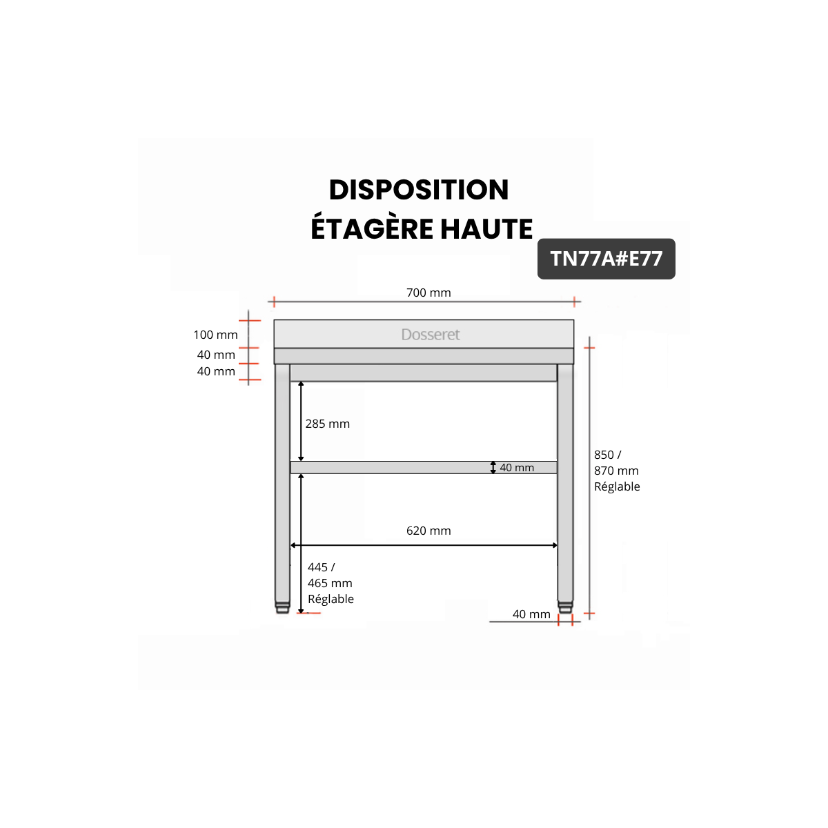 Table inox 700 x 700 mm adossée avec 2 étagères / GOLDINOX