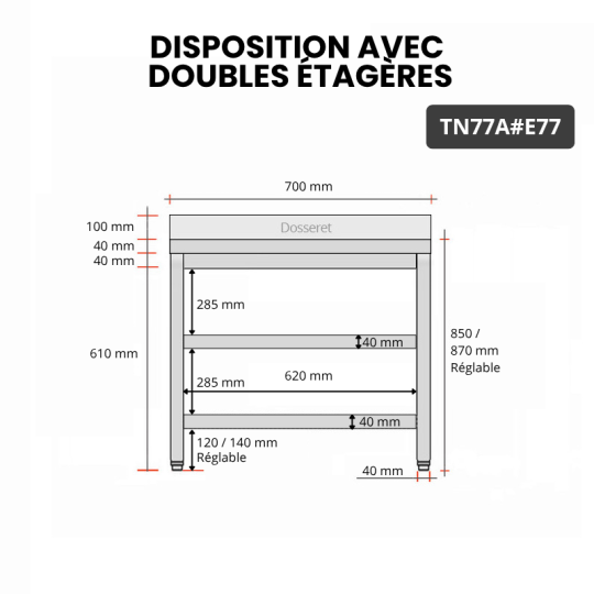 Table inox 700 x 700 mm adossée avec 2 étagères / GOLDINOX