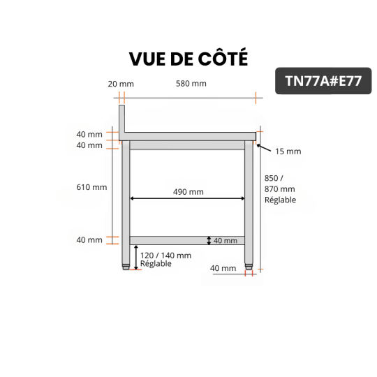 Table inox 700 x 700 mm adossée avec 2 étagères / GOLDINOX