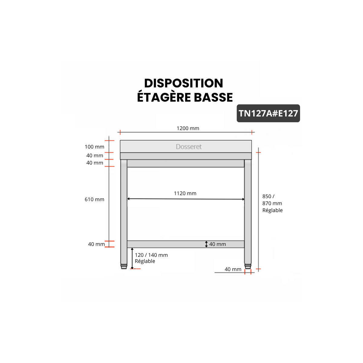 Table inox 1200 x 700 mm adossée avec 2 étagères / GOLDINOX