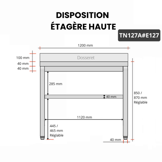 Table inox 1200 x 700 mm adossée avec 2 étagères / GOLDINOX