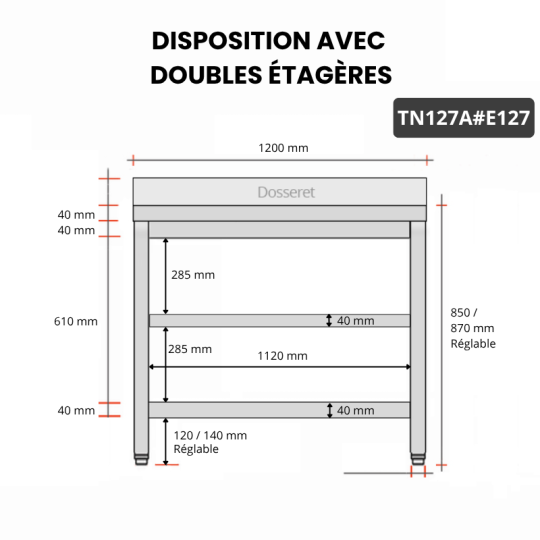 Table inox 1200 x 700 mm adossée avec 2 étagères / GOLDINOX