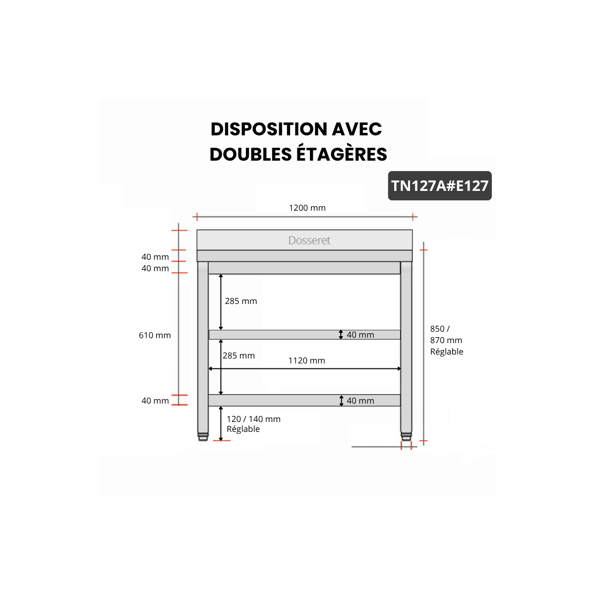Table inox 1200 x 700 mm adossée avec 2 étagères / GOLDINOX