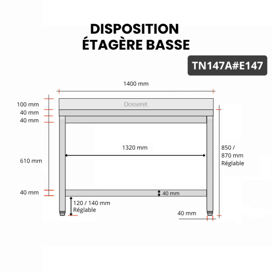 Table inox 1400 x 700 mm adossée avec 2 étagères / GOLDINOX