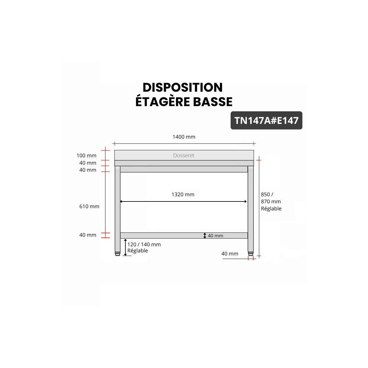 Table inox 1400 x 700 mm adossée avec 2 étagères / GOLDINOX