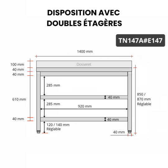 Table inox 1400 x 700 mm adossée avec 2 étagères / GOLDINOX