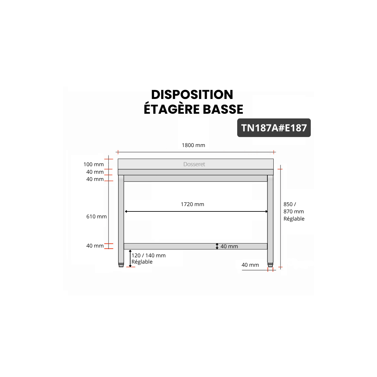 Table inox 1800 x 700 mm adossée avec 2 étagères / GOLDINOX