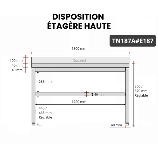 Table inox 1800 x 700 mm adossée avec 2 étagères / GOLDINOX