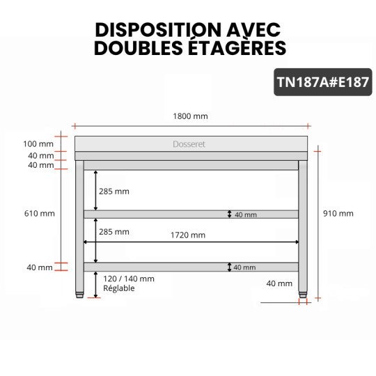 Table inox 1800 x 700 mm adossée avec 2 étagères / GOLDINOX