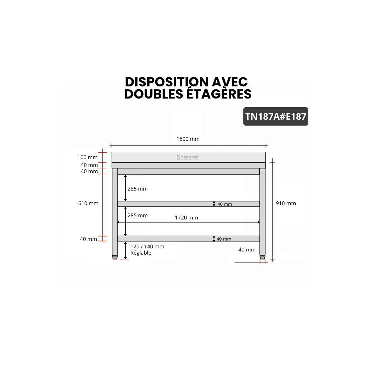 Table inox 1800 x 700 mm adossée avec 2 étagères / GOLDINOX