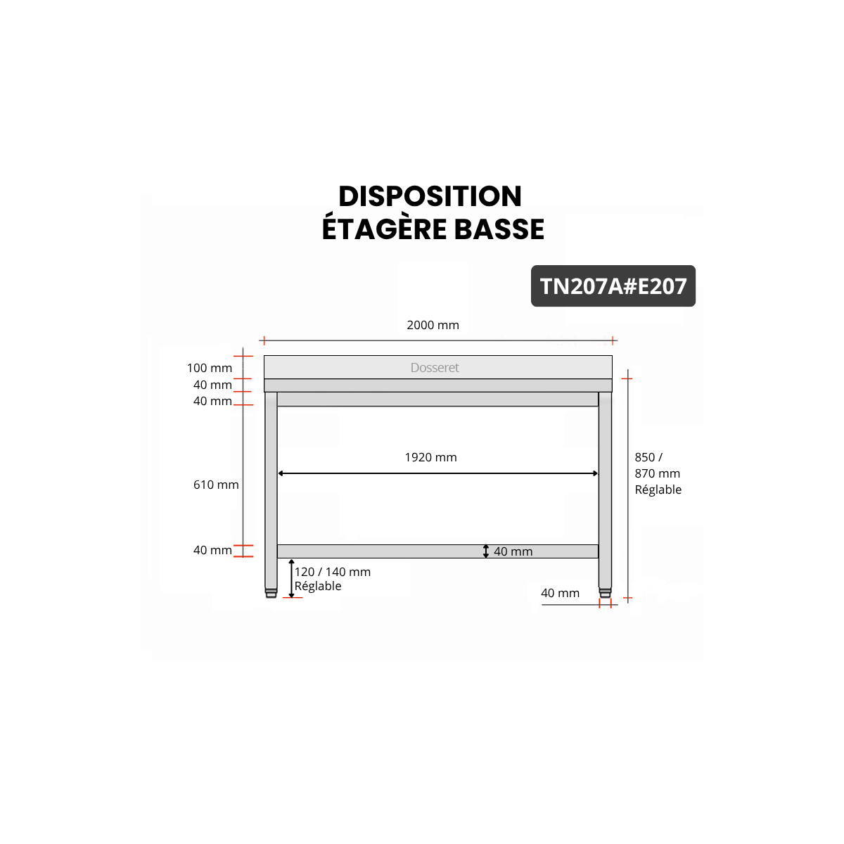 Table inox 2000 x 700 mm adossée avec 2 étagères / GOLDINOX