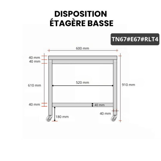 Table inox 700 x 700 mm avec 2 étagères sur roulettes / GOLDINOX