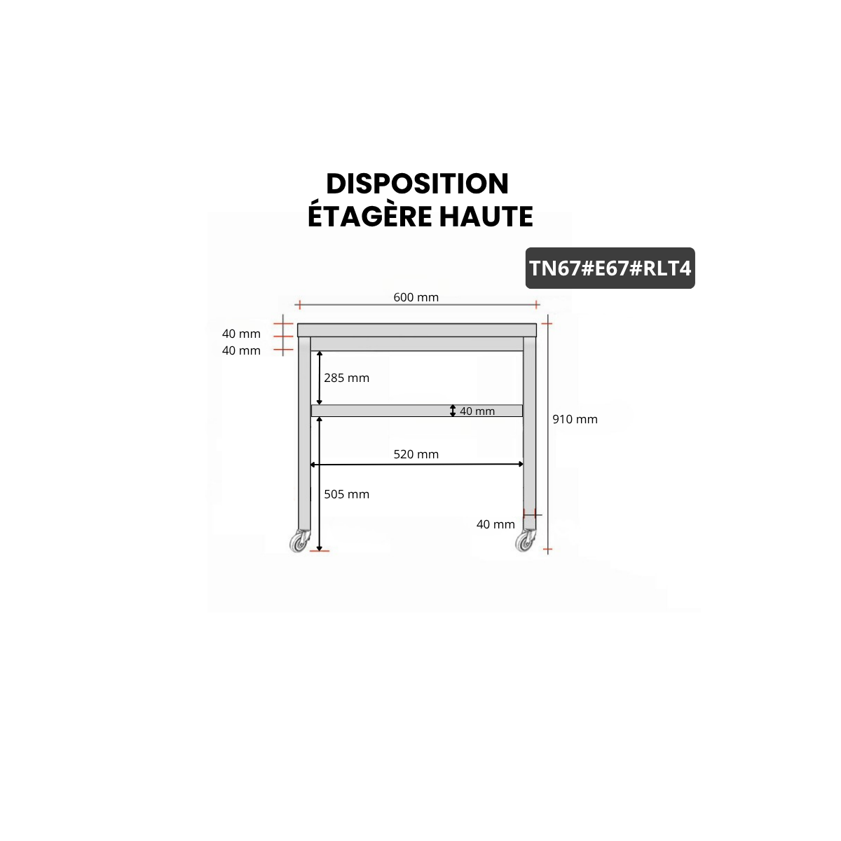 Table inox 700 x 700 mm avec 2 étagères sur roulettes / GOLDINOX