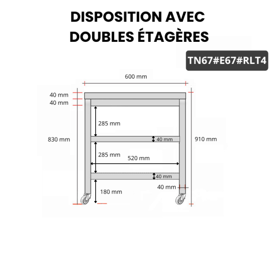 Table inox 700 x 700 mm avec 2 étagères sur roulettes / GOLDINOX
