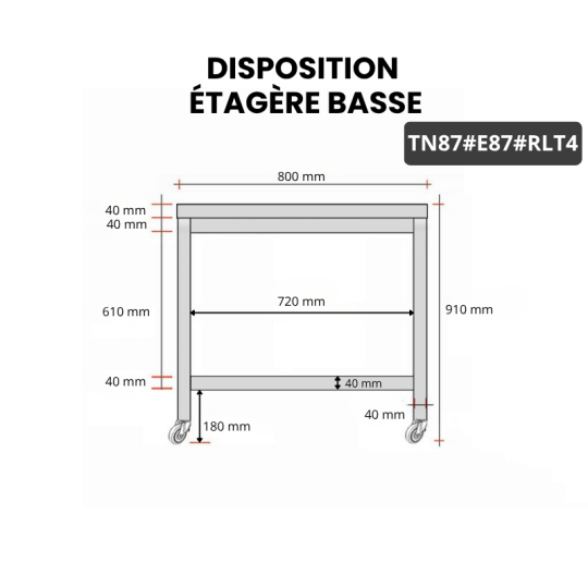 Table inox 800 x 700 mm avec 2 étagères sur roulettes / GOLDINOX
