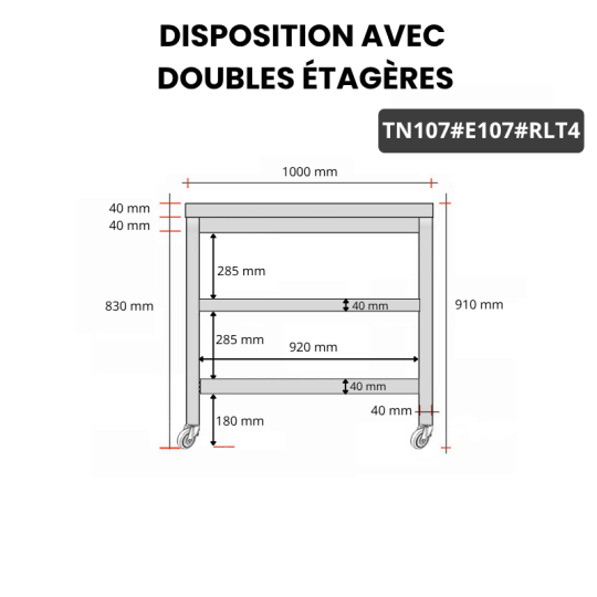 Table inox 1000 x 700 mm avec 2 étagères sur roulettes / GOLDINOX