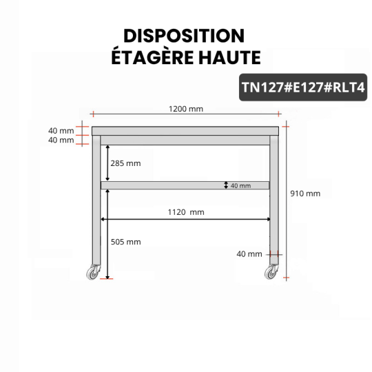 Table inox 1200 x 700 mm avec 2 étagères sur roulettes / GOLDINOX