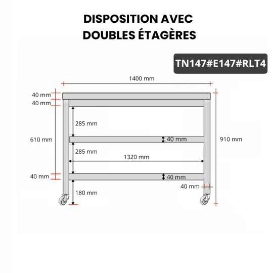 Table inox 1400 x 700 mm avec 2 étagères sur roulettes / GOLDINOX