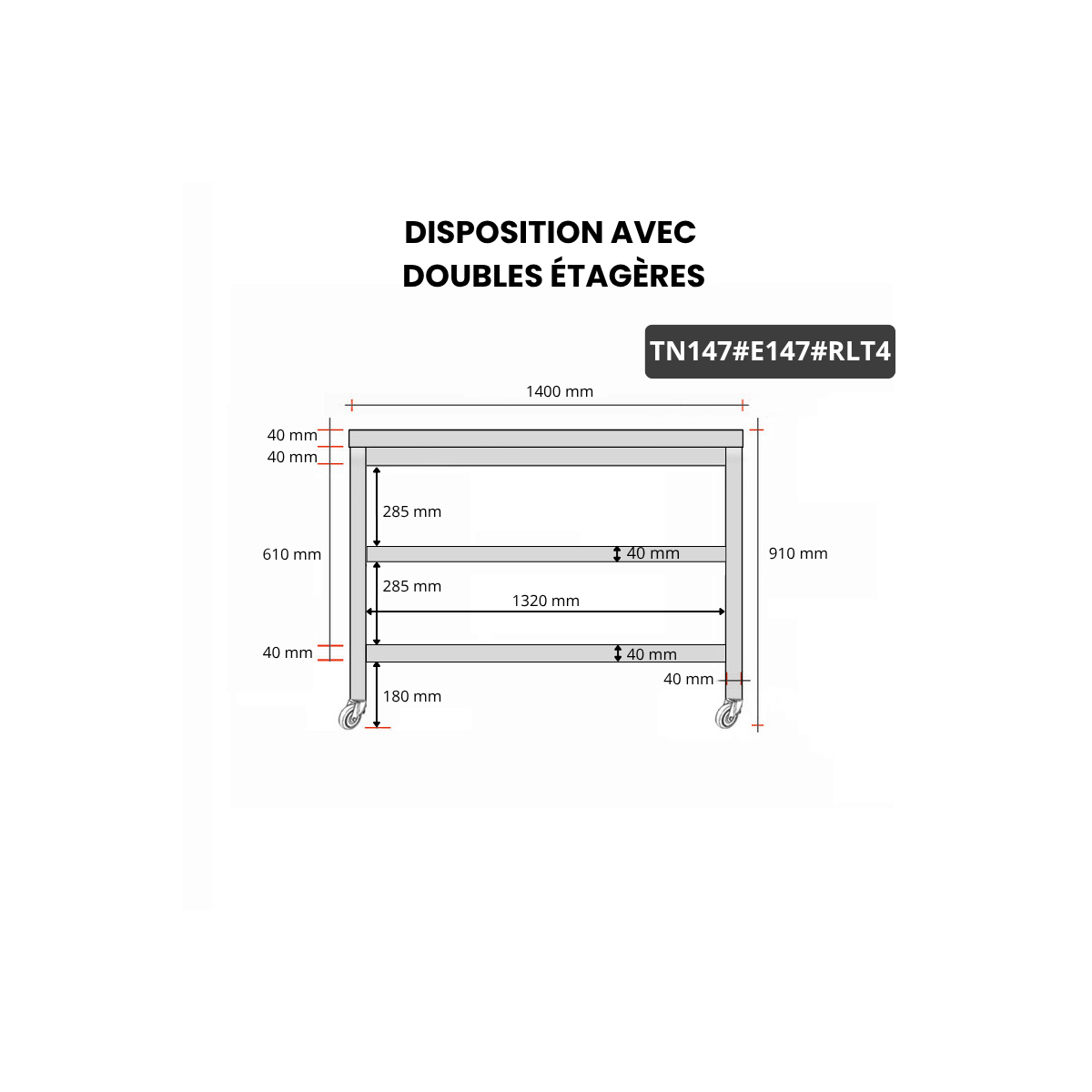 Table inox 1400 x 700 mm avec 2 étagères sur roulettes / GOLDINOX
