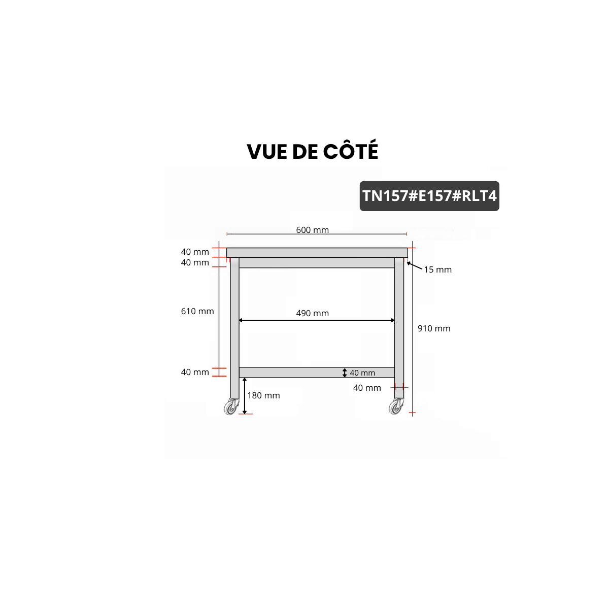 Table inox 1500 x 700 mm avec 2 étagères sur roulettes / GOLDINOX