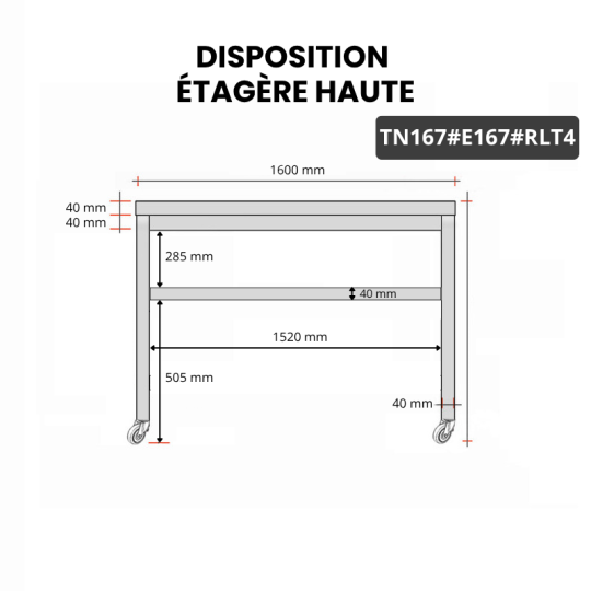 Table inox 1600 x 700 mm avec 2 étagères sur roulettes / GOLDINOX