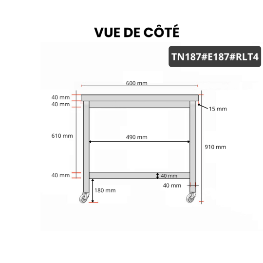 Table inox 1800 x 700 mm avec 2 étagères sur roulettes / GOLDINOX