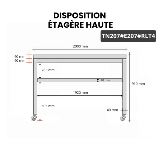 Table inox 2000 x 700 mm avec 2 étagères sur roulettes / GOLDINOX