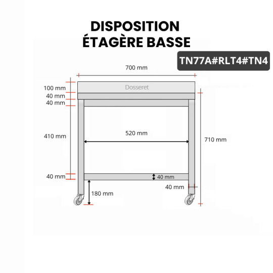 Table inox soubassement 700 x 700 mm adossée sur roulettes / GOLDINOX