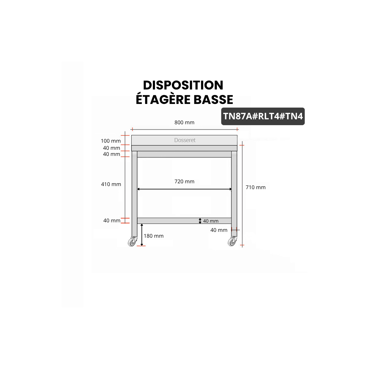 Table inox soubassement 800 x 700 mm adossée sur roulettes / GOLDINOX