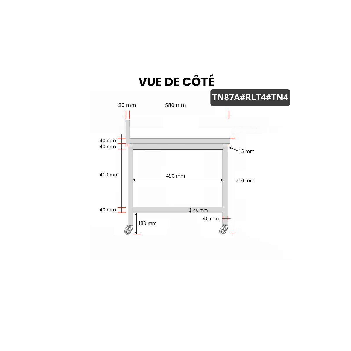 Table inox soubassement 800 x 700 mm adossée sur roulettes / GOLDINOX