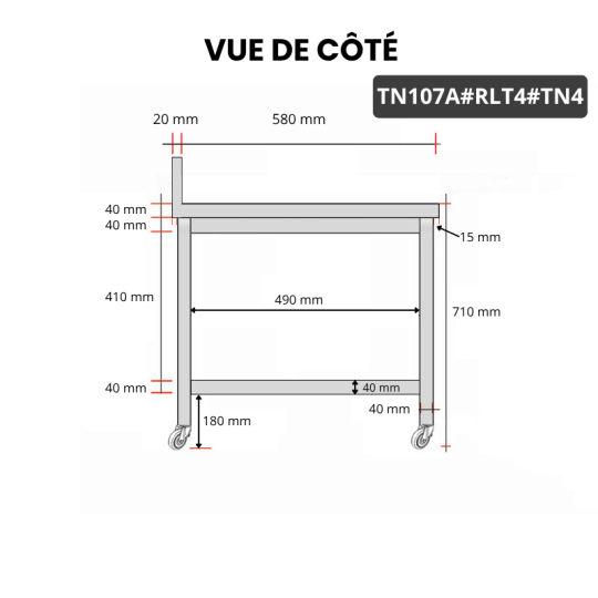 Table inox soubassement 1000 x 700 mm adossée sur roulettes / GOLDINOX