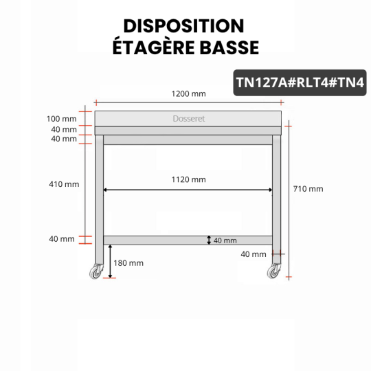 Table inox soubassement 1200 x 700 mm adossée sur roulettes / GOLDINOX