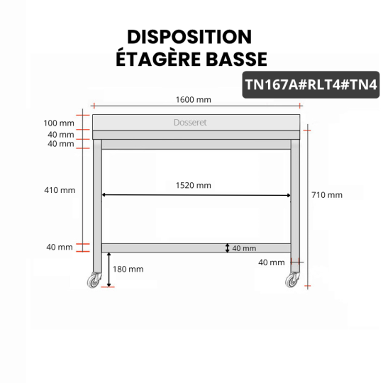 Table inox soubassement 1600 x 700 mm adossée sur roulettes / GOLDINOX
