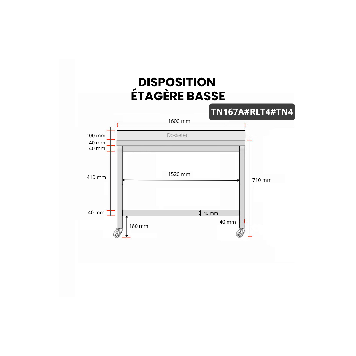 Table inox soubassement 1600 x 700 mm adossée sur roulettes / GOLDINOX