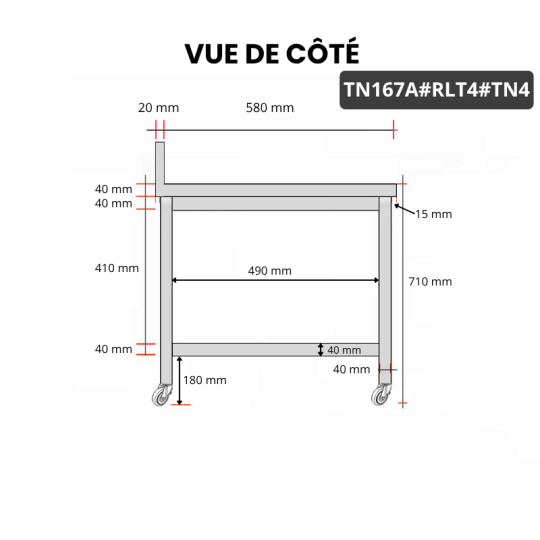 Table inox soubassement 1600 x 700 mm adossée sur roulettes / GOLDINOX