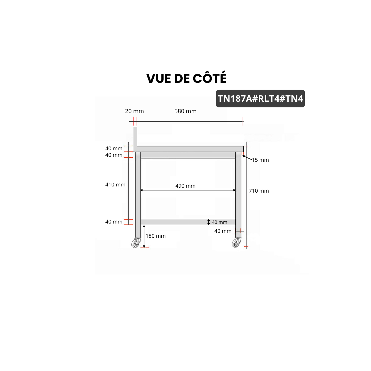 Table inox soubassement 1800 x 700 mm adossée sur roulettes / GOLDINOX