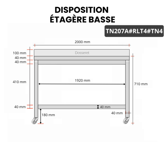 Table inox soubassement 2000 x 700 mm adossée sur roulettes / GOLDINOX