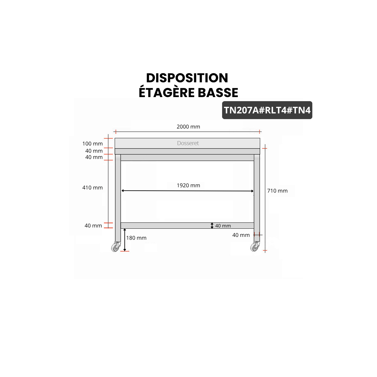 Table inox soubassement 2000 x 700 mm adossée sur roulettes / GOLDINOX