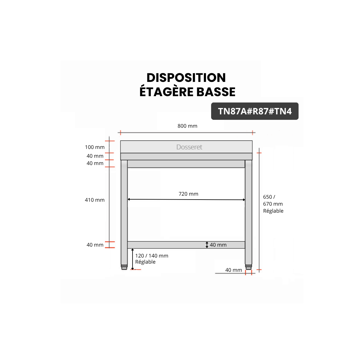 Table inox soubassement 800 x 700 mm adossée avec renfort / GOLDINOX