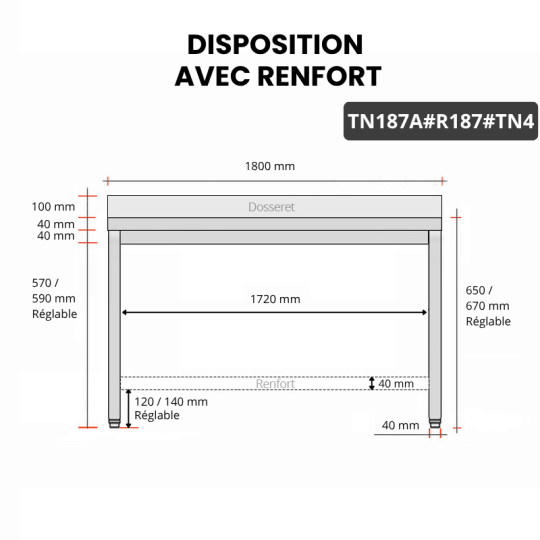 Table inox soubassement 1800 x 700 mm adossée avec renfort / GOLDINOX
