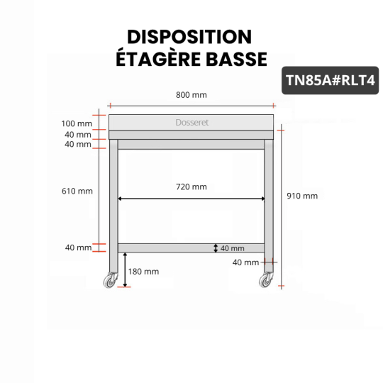 Table inox 800 x 500 mm adossée sur roulettes / GOLDINOX
