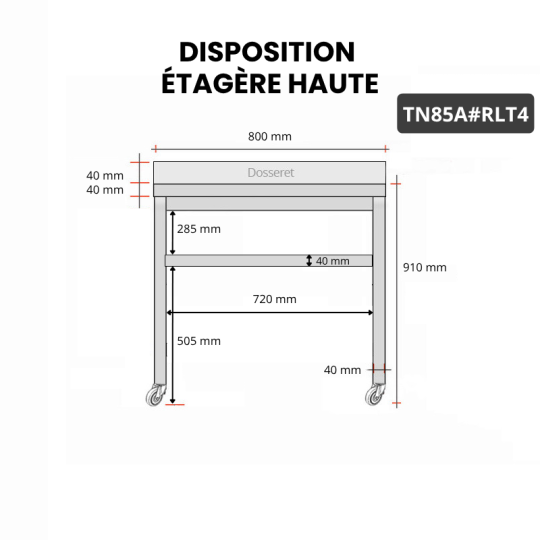 Table inox 800 x 500 mm adossée sur roulettes / GOLDINOX
