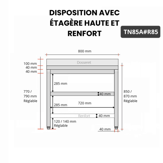 Table inox 800 x 500 mm adossée avec renfort / GOLDINOX