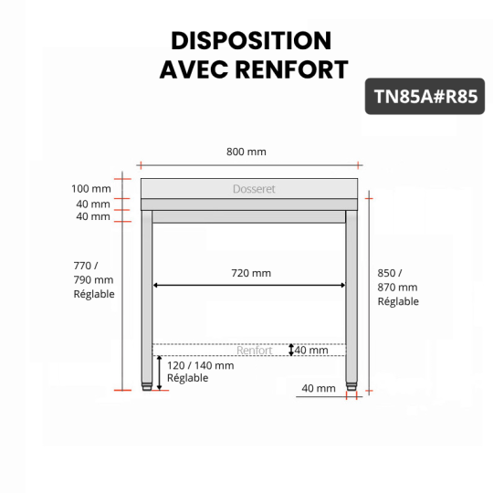 Table inox 800 x 500 mm adossée avec renfort / GOLDINOX