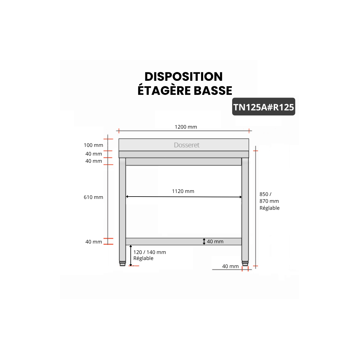 Table inox 1200 x 500 mm adossée avec renfort / GOLDINOX
