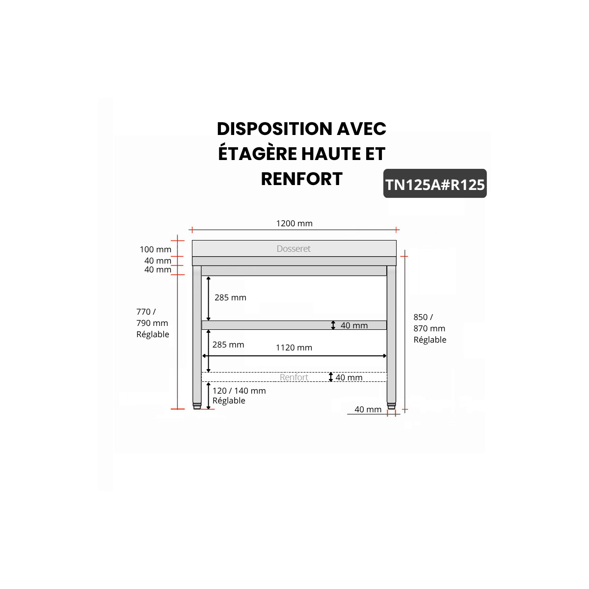 Table inox 1200 x 500 mm adossée avec renfort / GOLDINOX