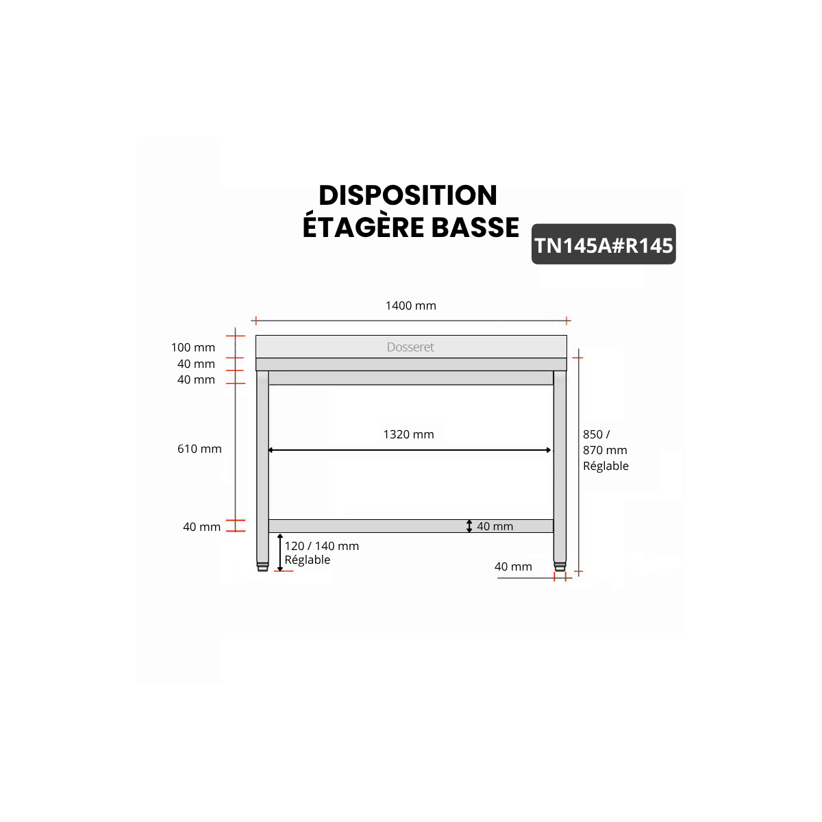 Table inox 1400 x 500 mm adossée avec renfort / GOLDINOX